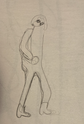 Line drawing of teacher by a student. Has a earring and cool boots.